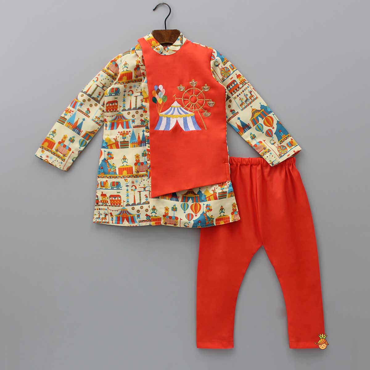 Pre Order: Carnival Circus Printed One-Side Flap Embroidered Kurta And Pyjama