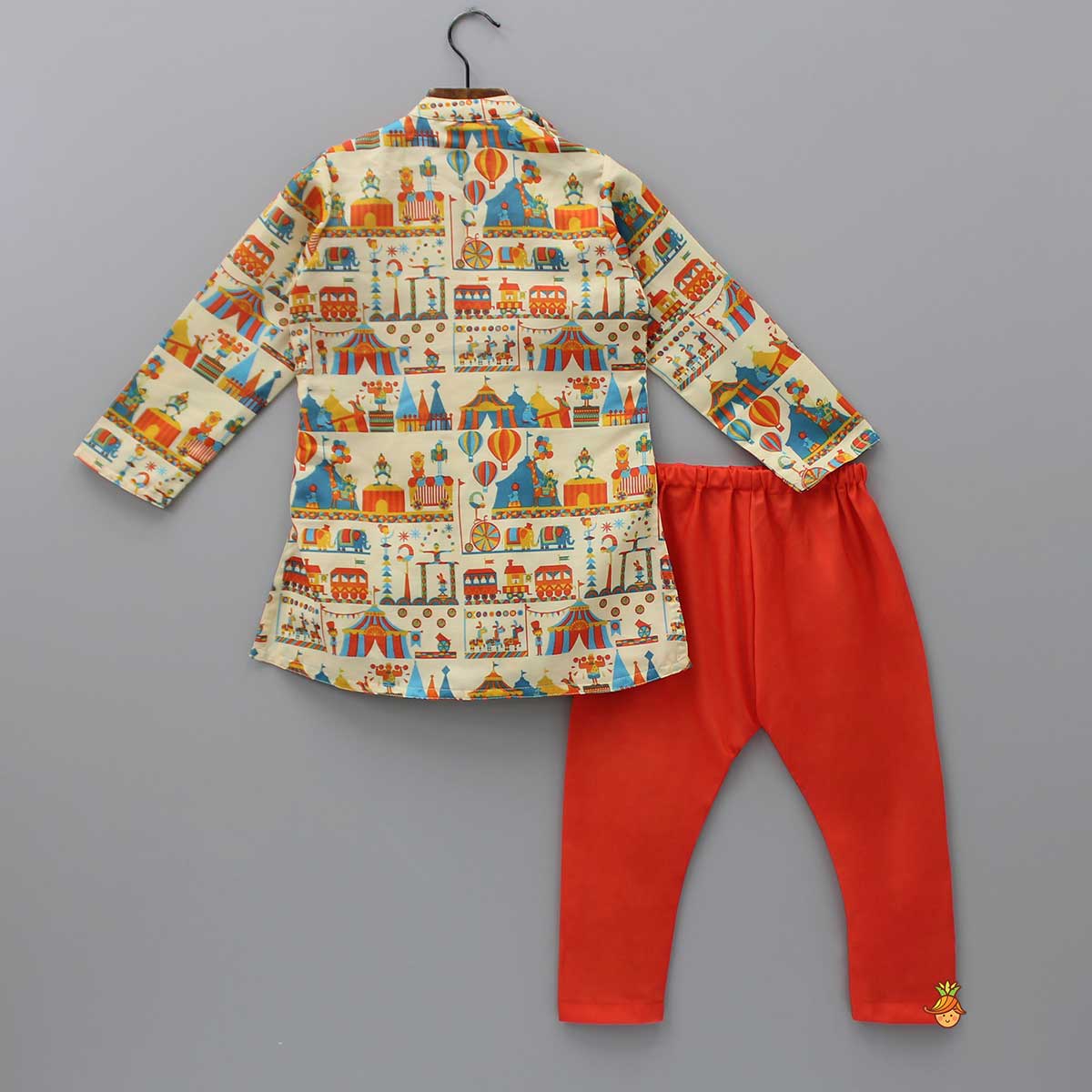 Pre Order: Carnival Circus Printed One-Side Flap Embroidered Kurta And Pyjama