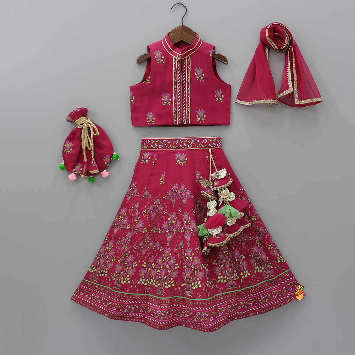 Pre Order: Floral Printed Top And Lehenga With Matching Potli And Net Dupatta