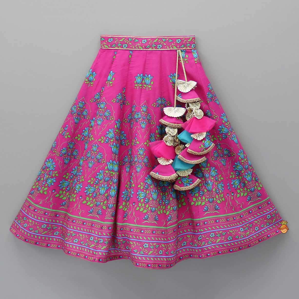 Pre Order: Pink Floral Printed Top And Lehenga With Matching Potli And Net Dupatta