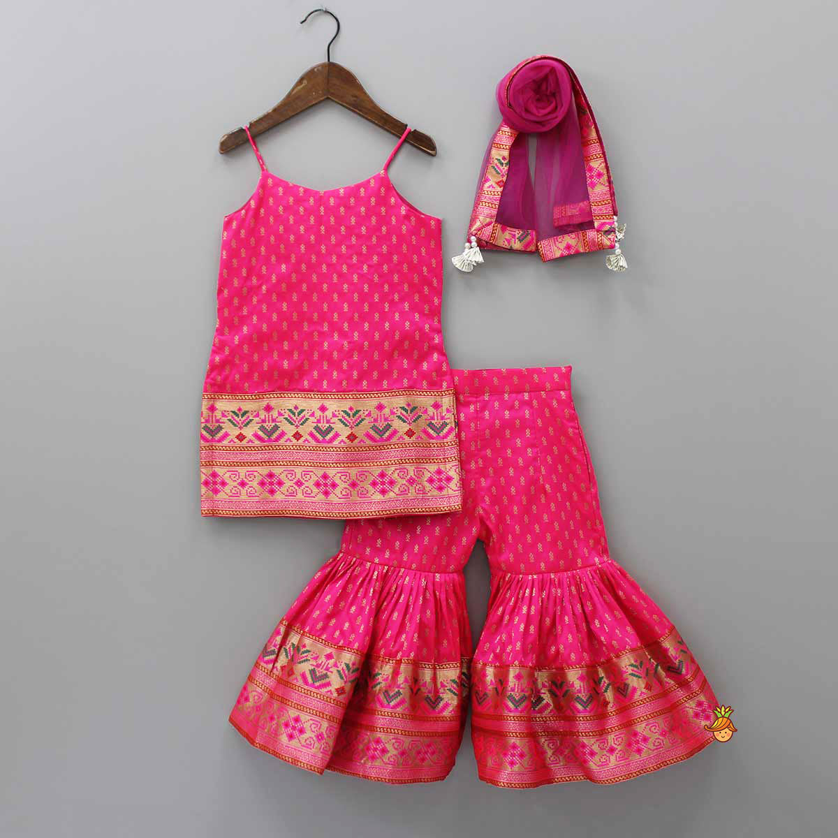 Pre Order: Brocade Strappy Kurti With Pleated Sharara