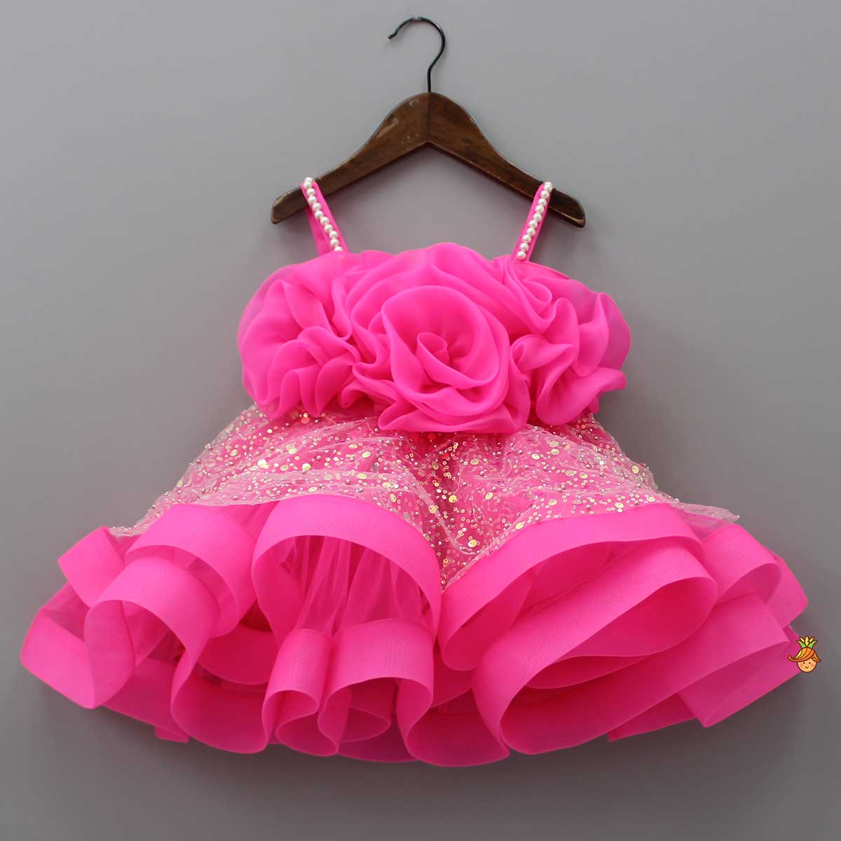 Pre Order: Flower Adorned Strappy Net Pink Dress