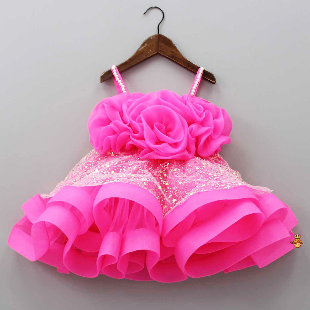 Pre Order: Flower Adorned Strappy Net Pink Dress