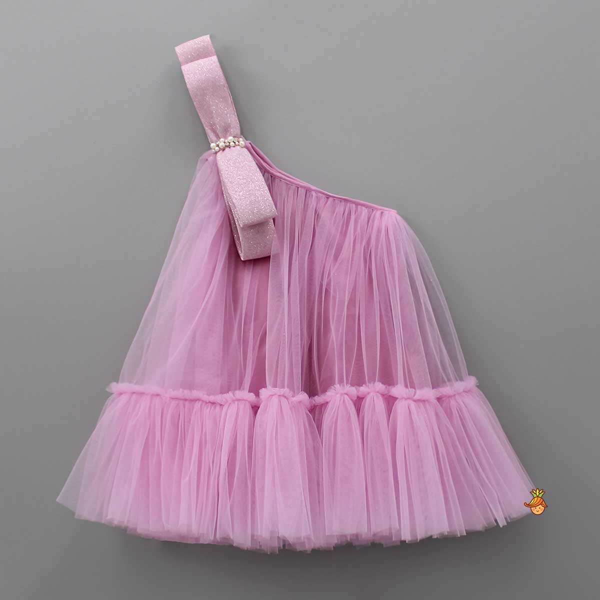 Pre Order: Dual Bow Enhanced Pink One Shoulder Dress
