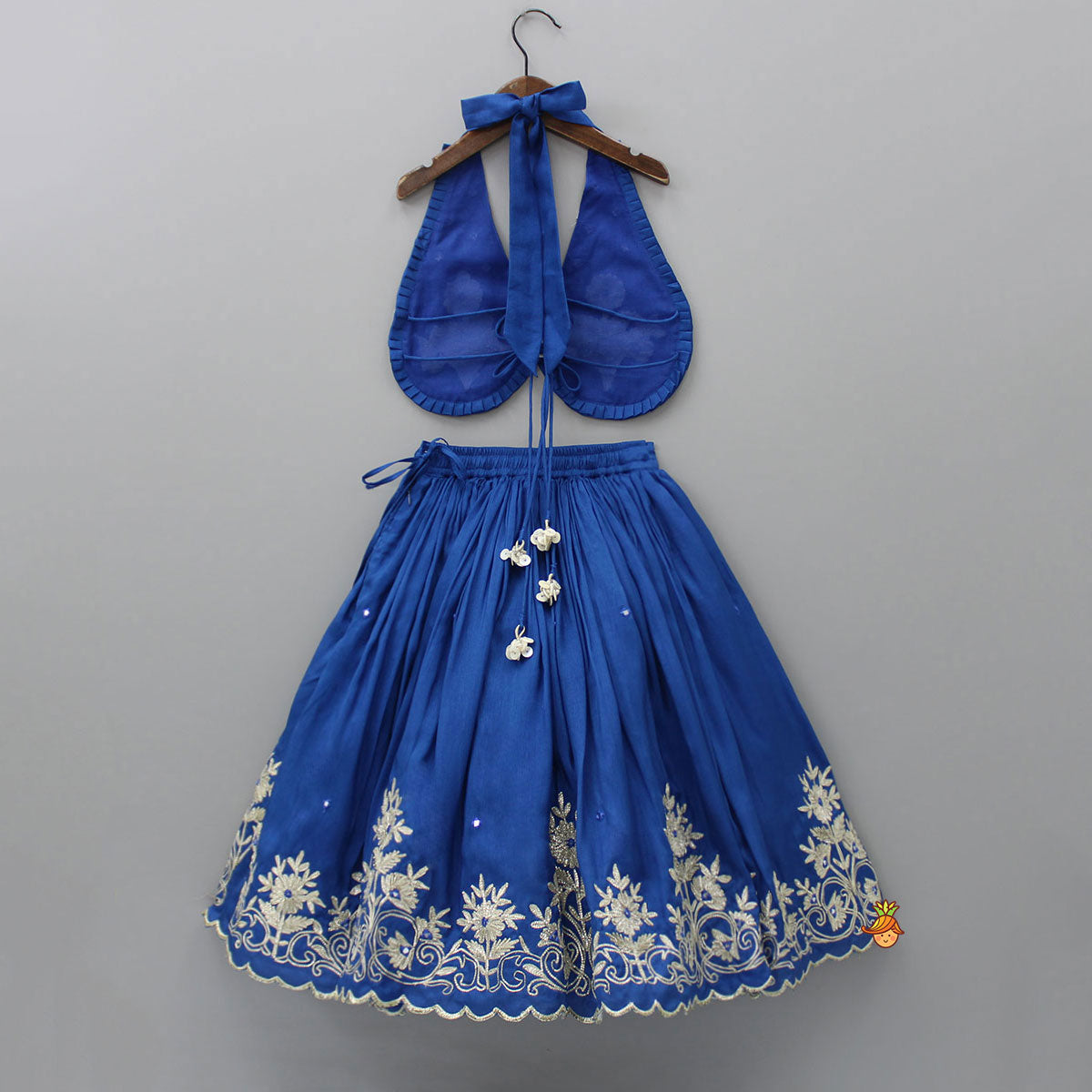 Pre Order: Blue Halter Neck Embroidered Top With Embroidered Lehenga