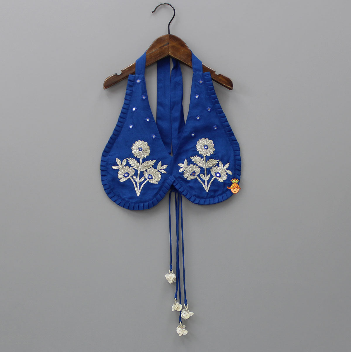Pre Order: Blue Halter Neck Embroidered Top With Embroidered Lehenga