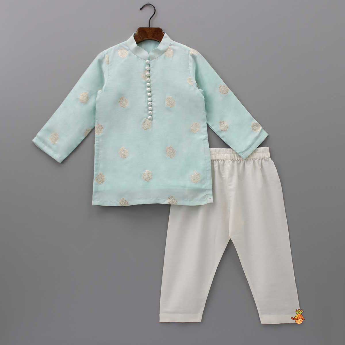 Pre Order: Blue Kurta With Detailed Loop Buttons And Pyjama