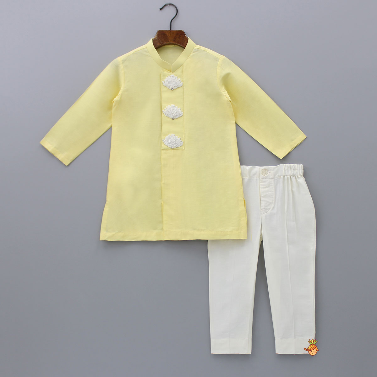 Pre Order: Yellow Hand Embroidered Placket Kurta With Pant