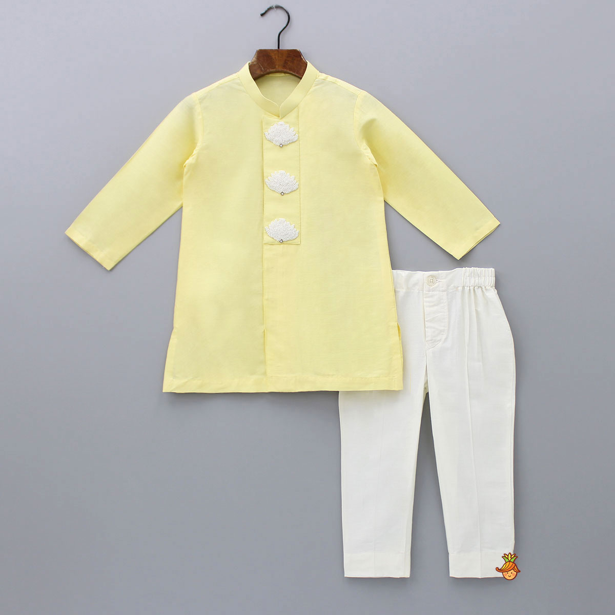 Pre Order: Yellow Hand Embroidered Placket Kurta With Pant