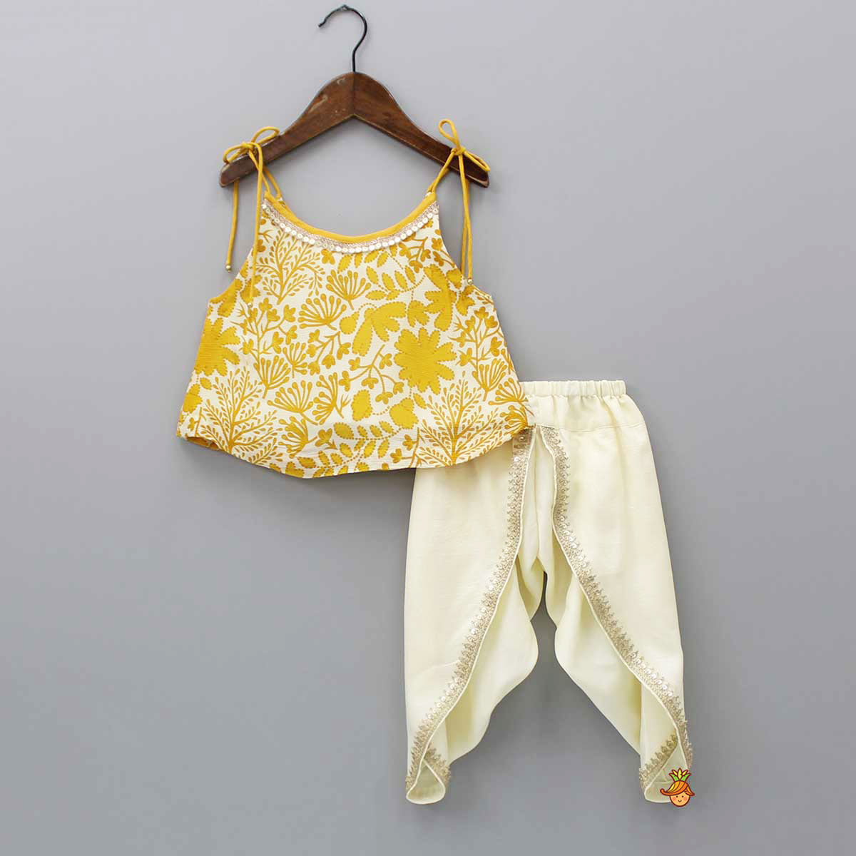 Pre Order: Tie Up Straps Floral Printed Top And Tulip Dhoti