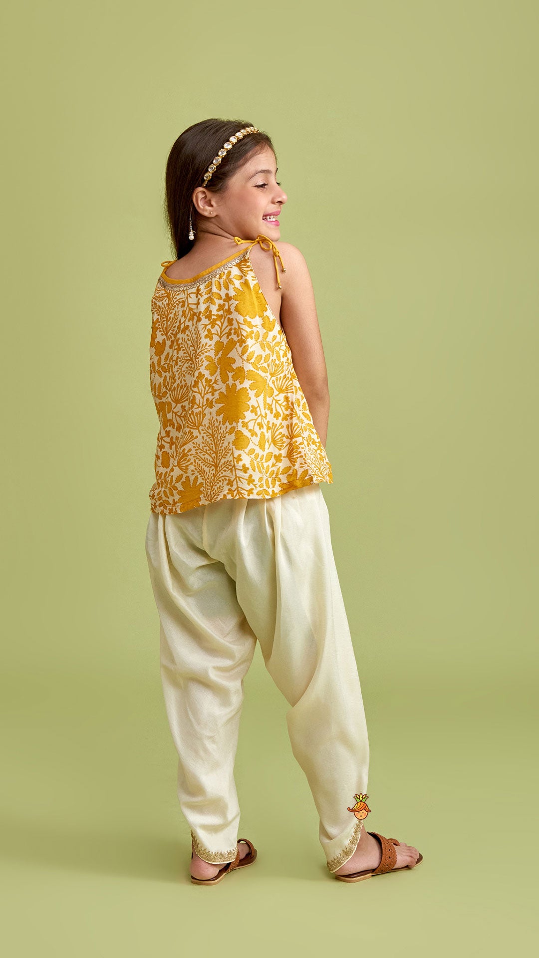 Pre Order: Tie Up Straps Floral Printed Top And Tulip Dhoti