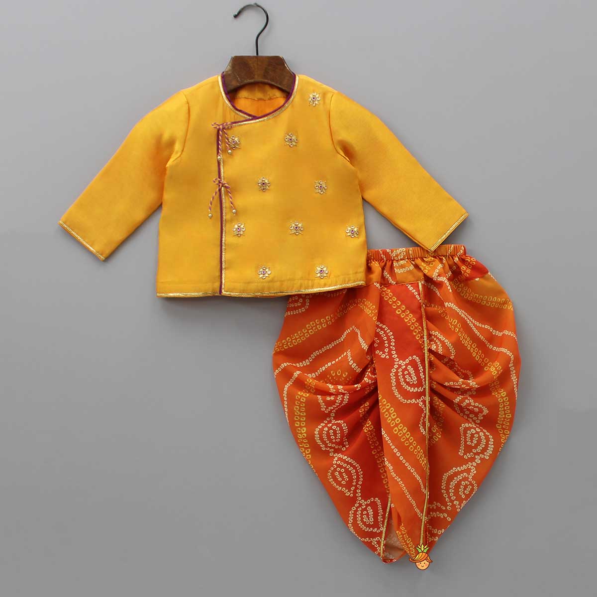 Pre Order: Embroidered Angarkha Style Mustard Kurta And Bandhani Printed Dhoti