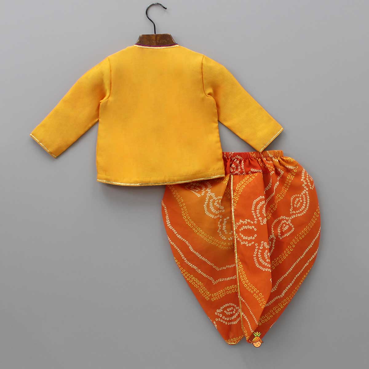 Pre Order: Embroidered Angarkha Style Mustard Kurta And Bandhani Printed Dhoti