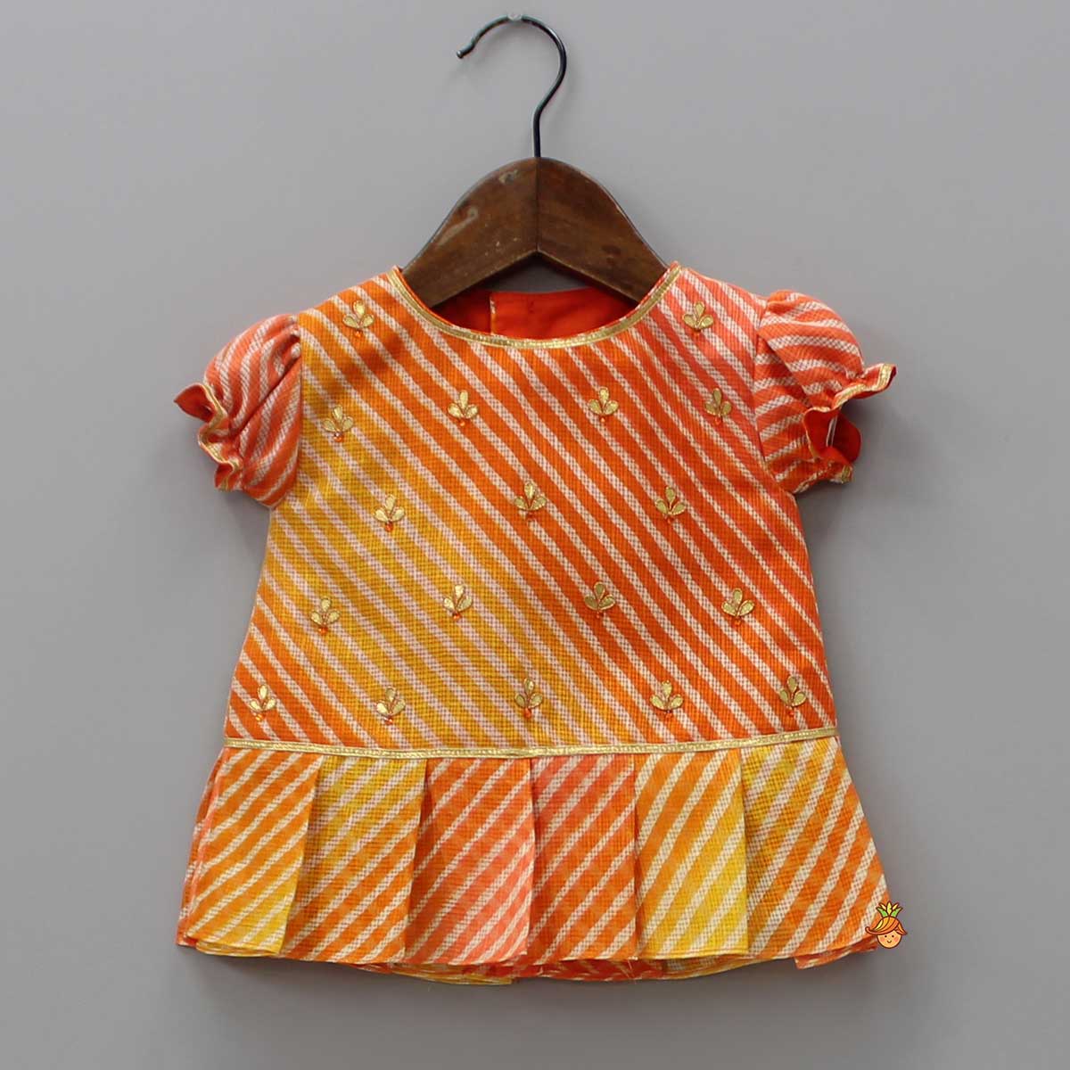 Pre Order: Leheriya Printed Puff Sleeves Top And Orange Bloomer