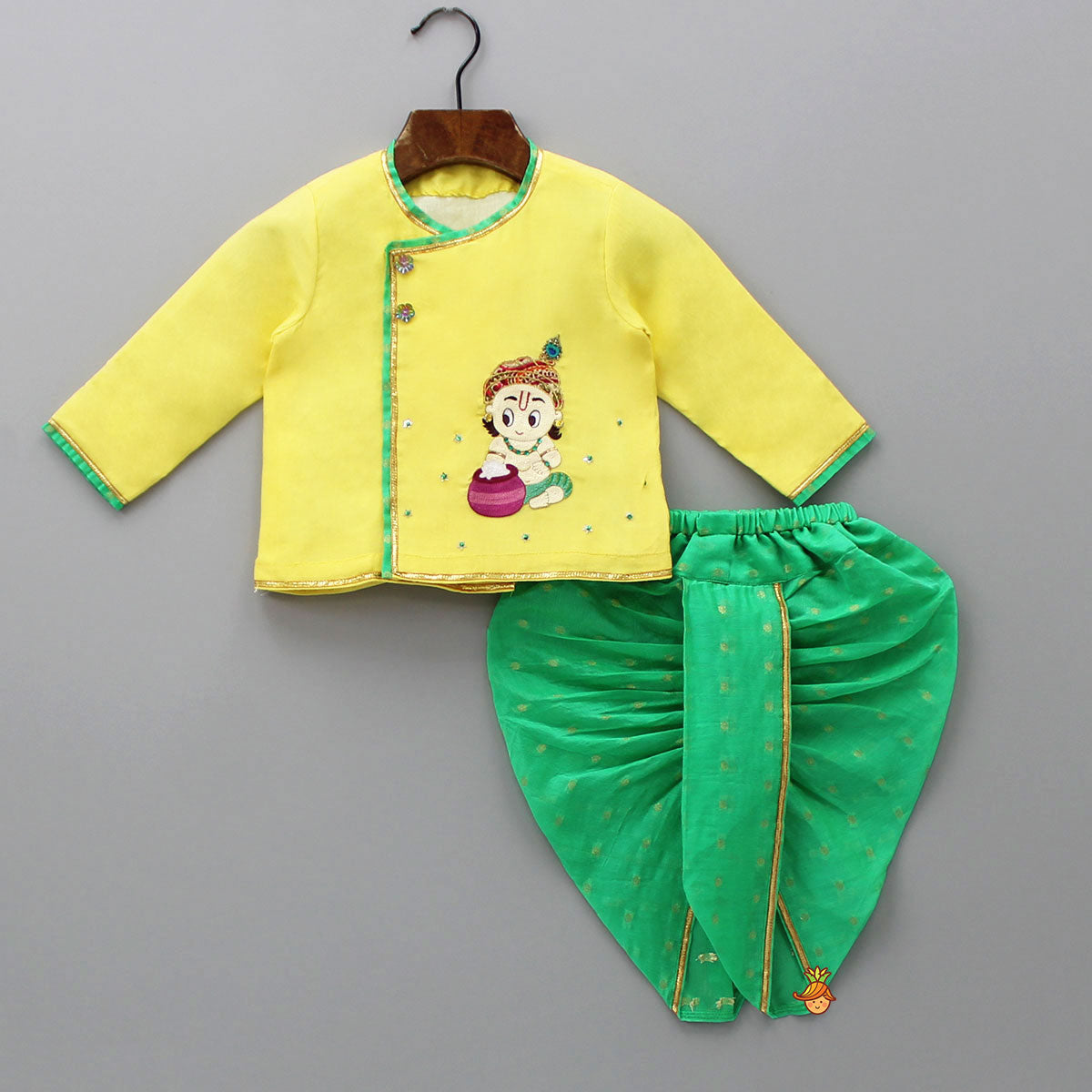 Pre Order: Cute Krishna Embroidered Yellow Kurta And Butti Dhoti