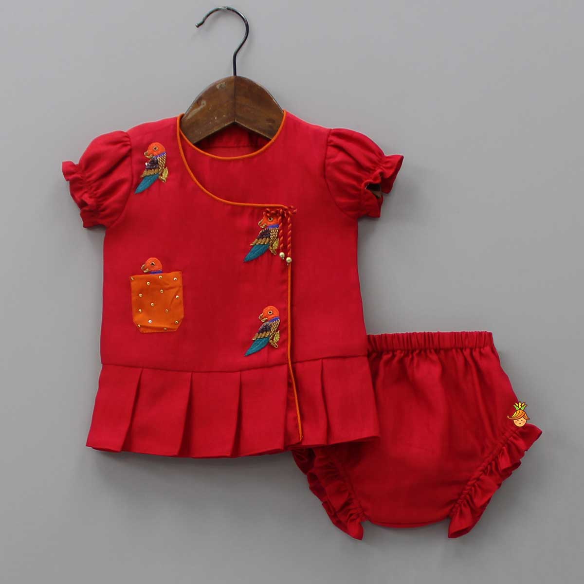 Pre Order: Bird Embroidered Red Top And Bloomer