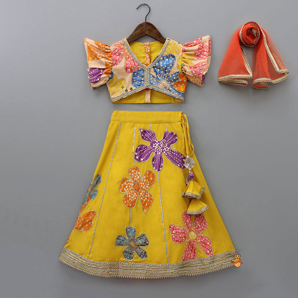 Pre Order: Sequin Floral Printed Top With Lehenga And Net Dupatta