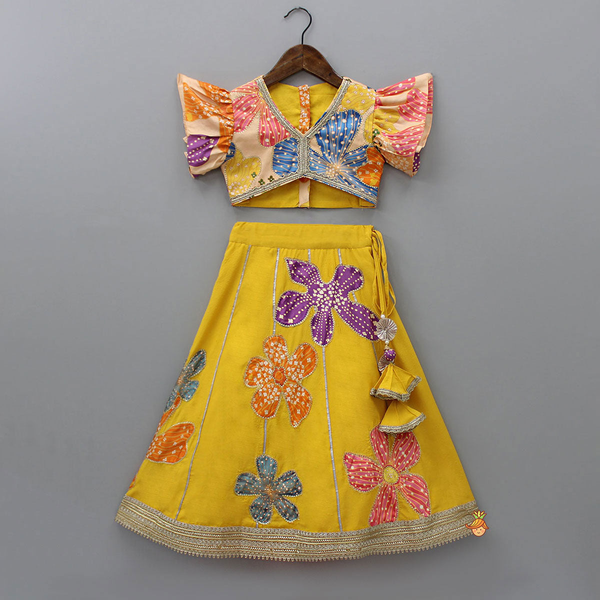 Pre Order: Sequin Floral Printed Top With Lehenga And Net Dupatta