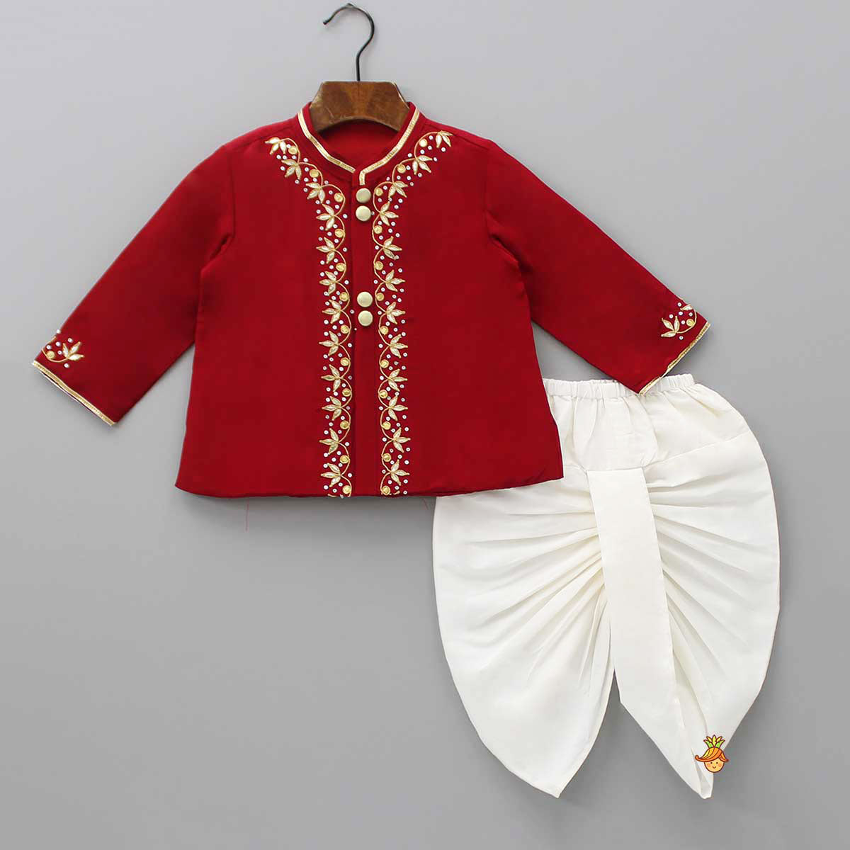 Pre Order: Gota Lacework Detail Red Kurta And Dhoti