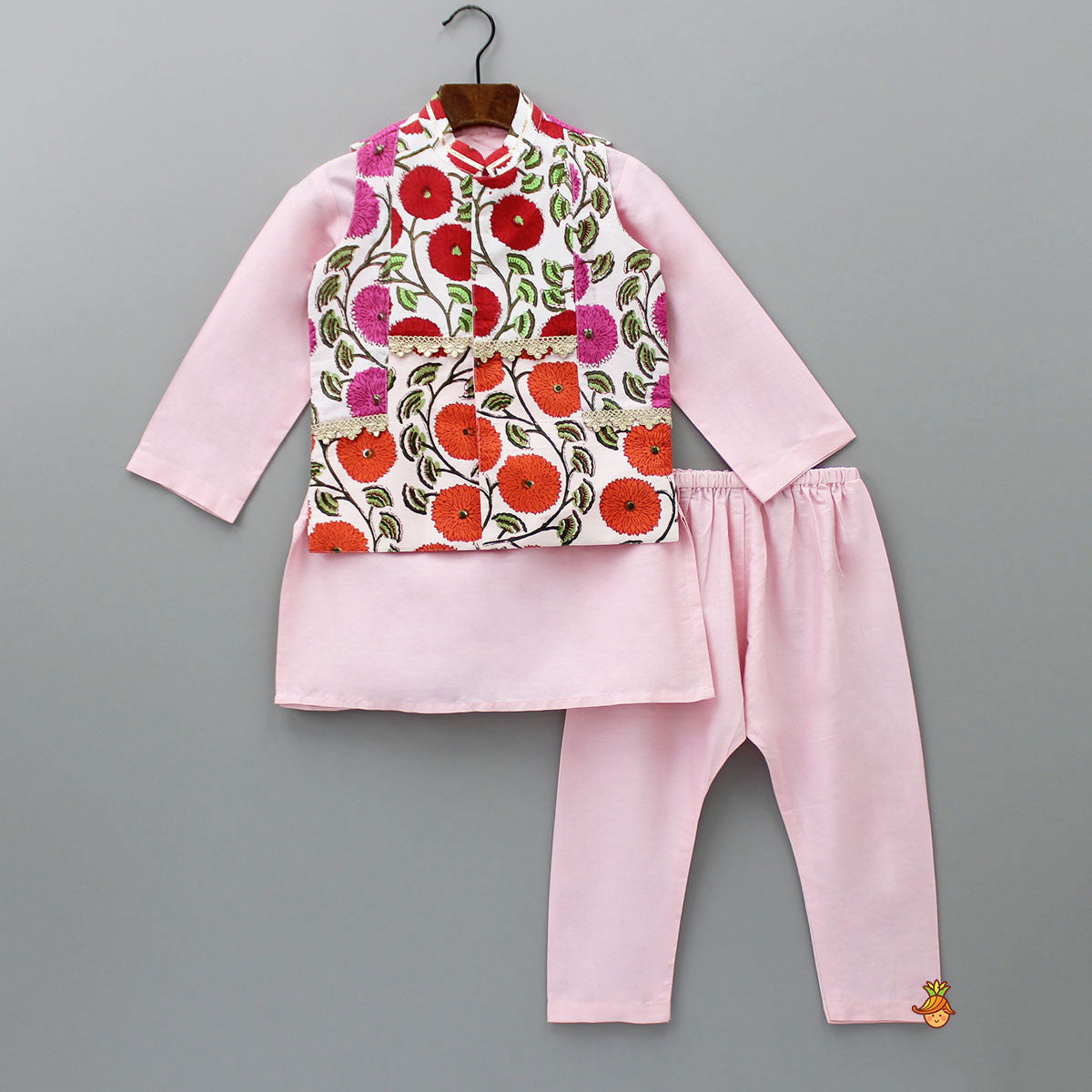 Pre Order: Pink Kurta With Floral Printed Jacket With Pyjama