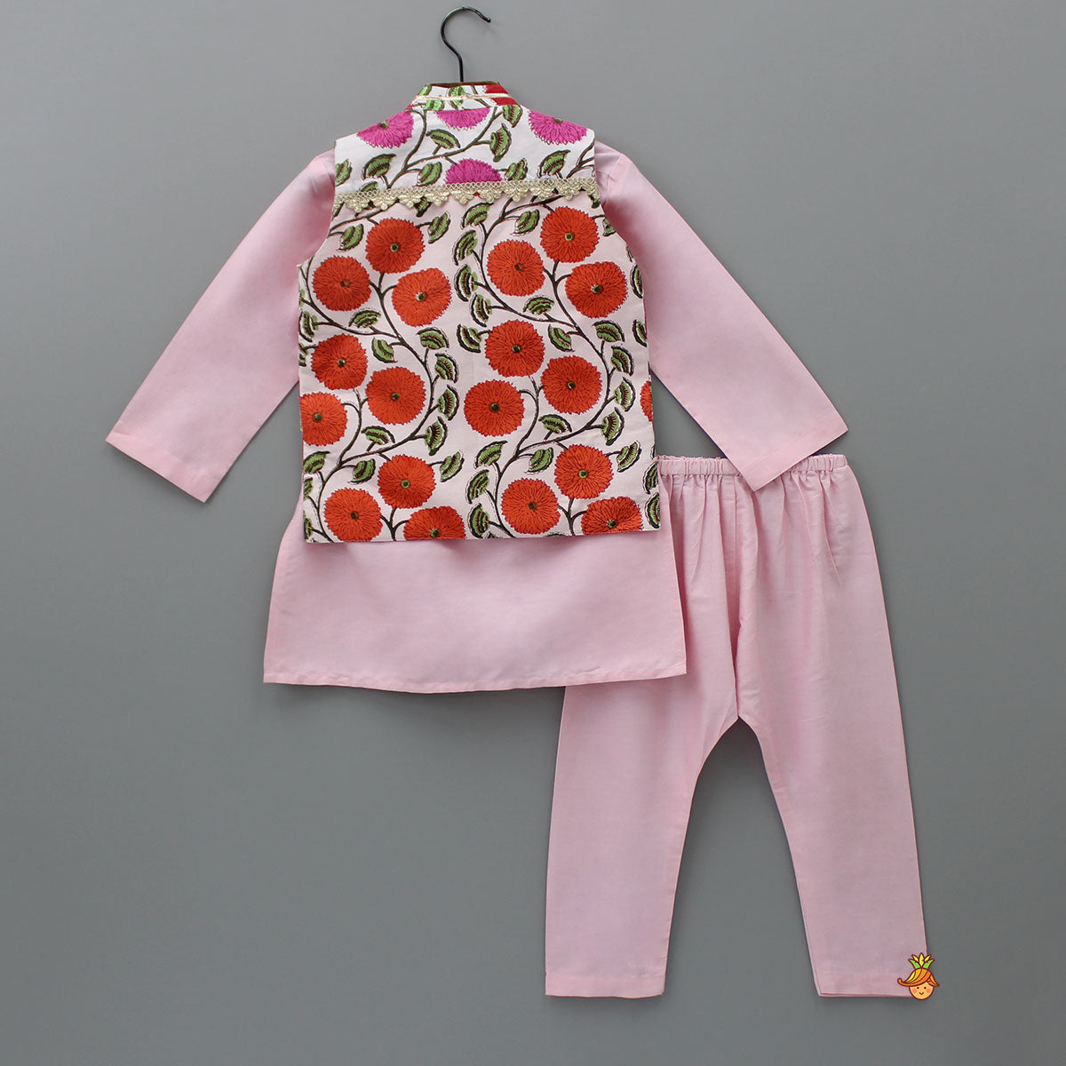 Pre Order: Pink Kurta With Floral Printed Jacket With Pyjama