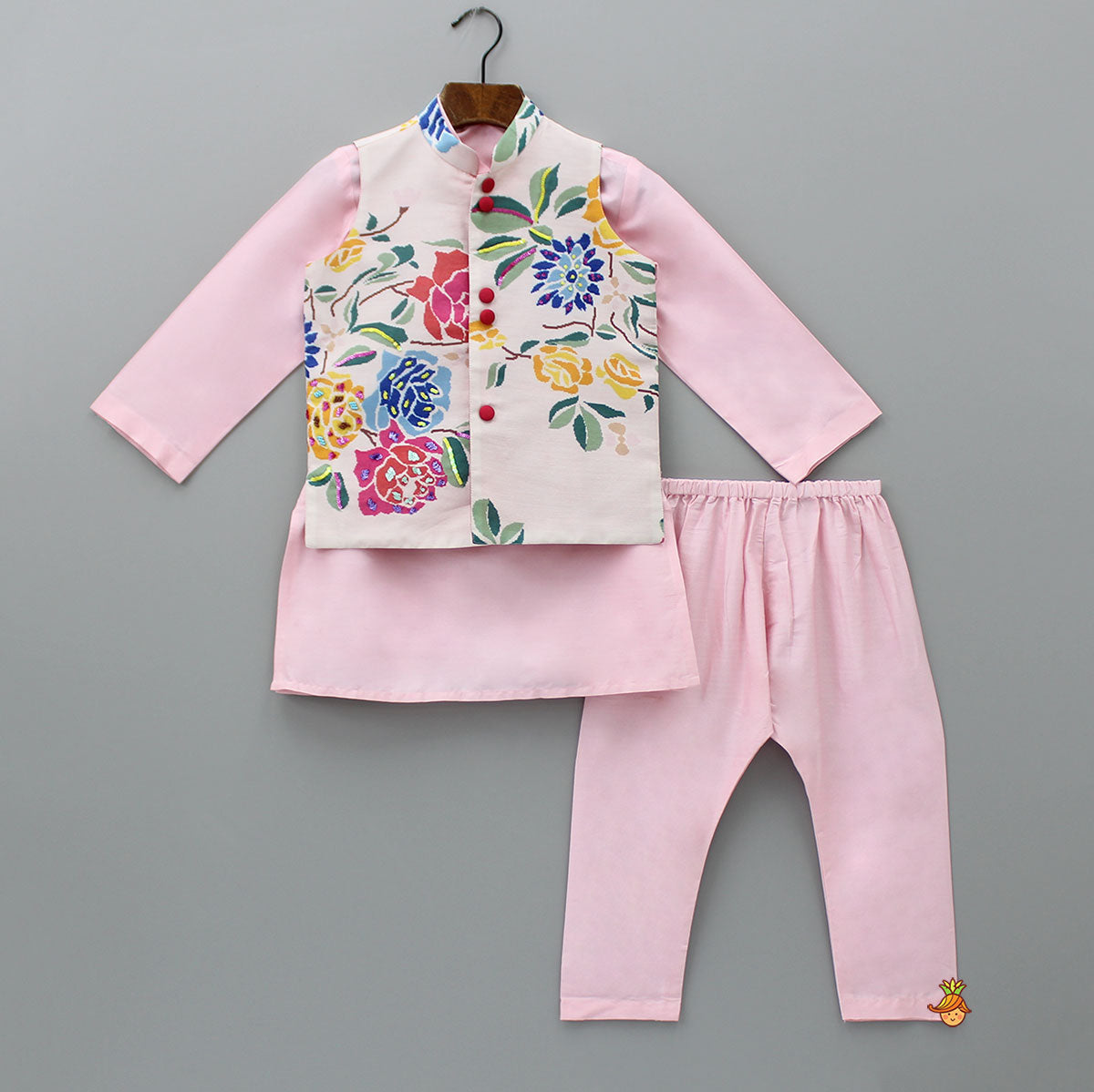 Pre Order: Pink Kurta With Hand Embroidered Floral Printed Jacket And Pyjama