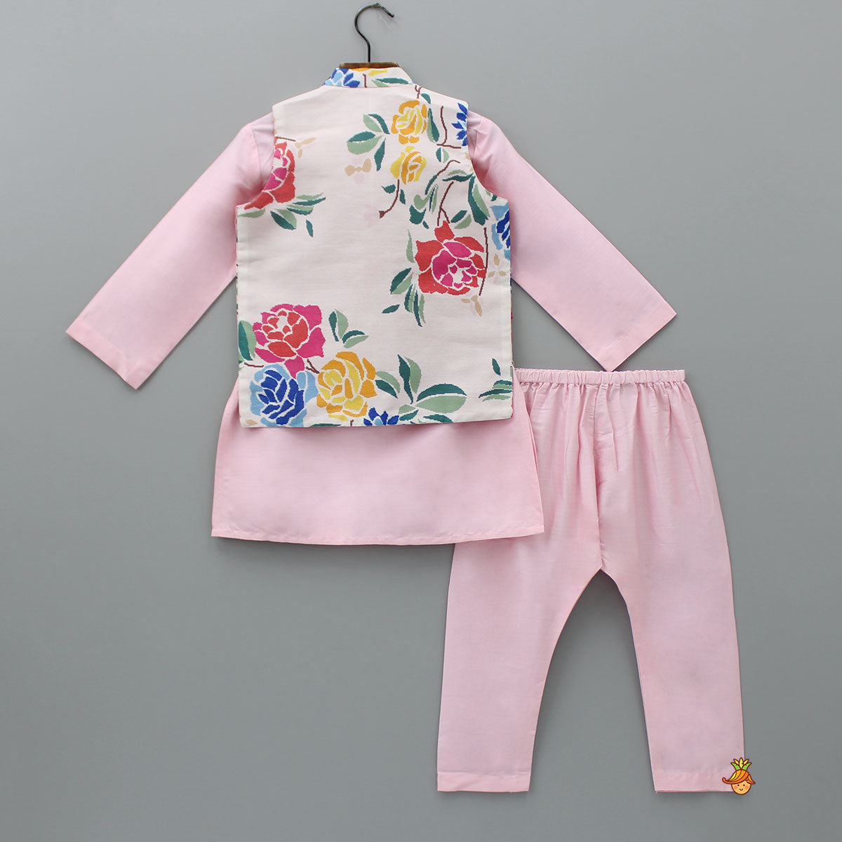 Pre Order: Pink Kurta With Hand Embroidered Floral Printed Jacket And Pyjama