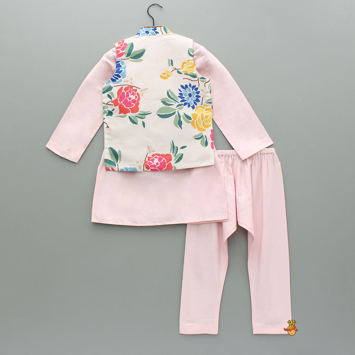 Pre Order: Pink Kurta With Hand Embroidered Floral Printed Jacket And Pyjama