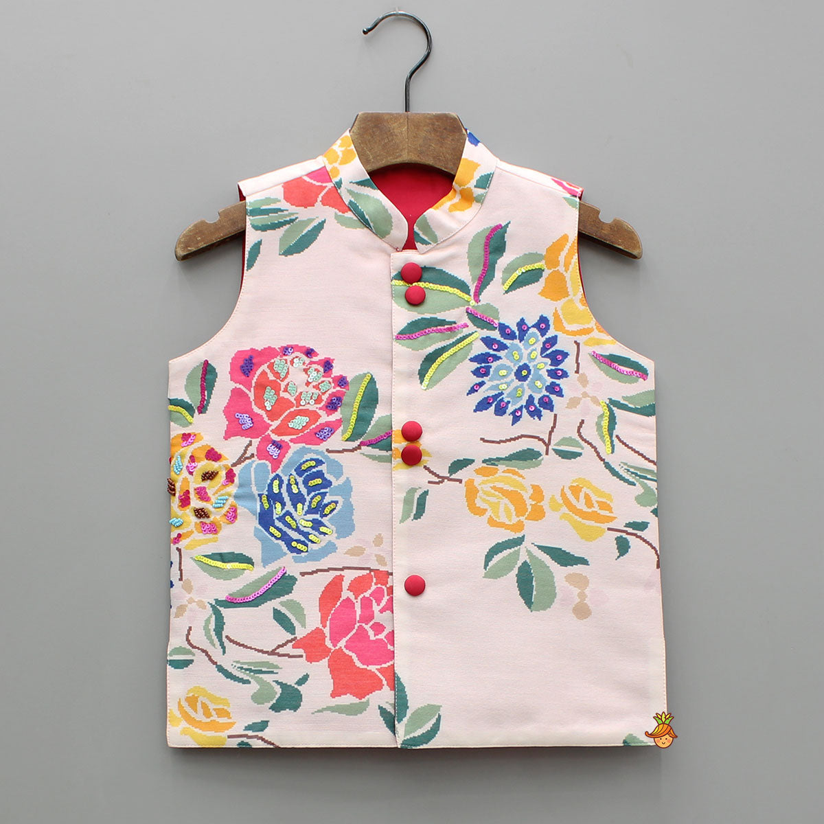 Pre Order: Pink Kurta With Hand Embroidered Floral Printed Jacket And Pyjama