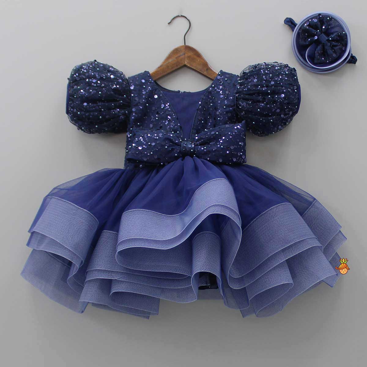 Pre Order: Sequined Ruffled Blue Dress With Bows And Matching Swirled Bow Headband