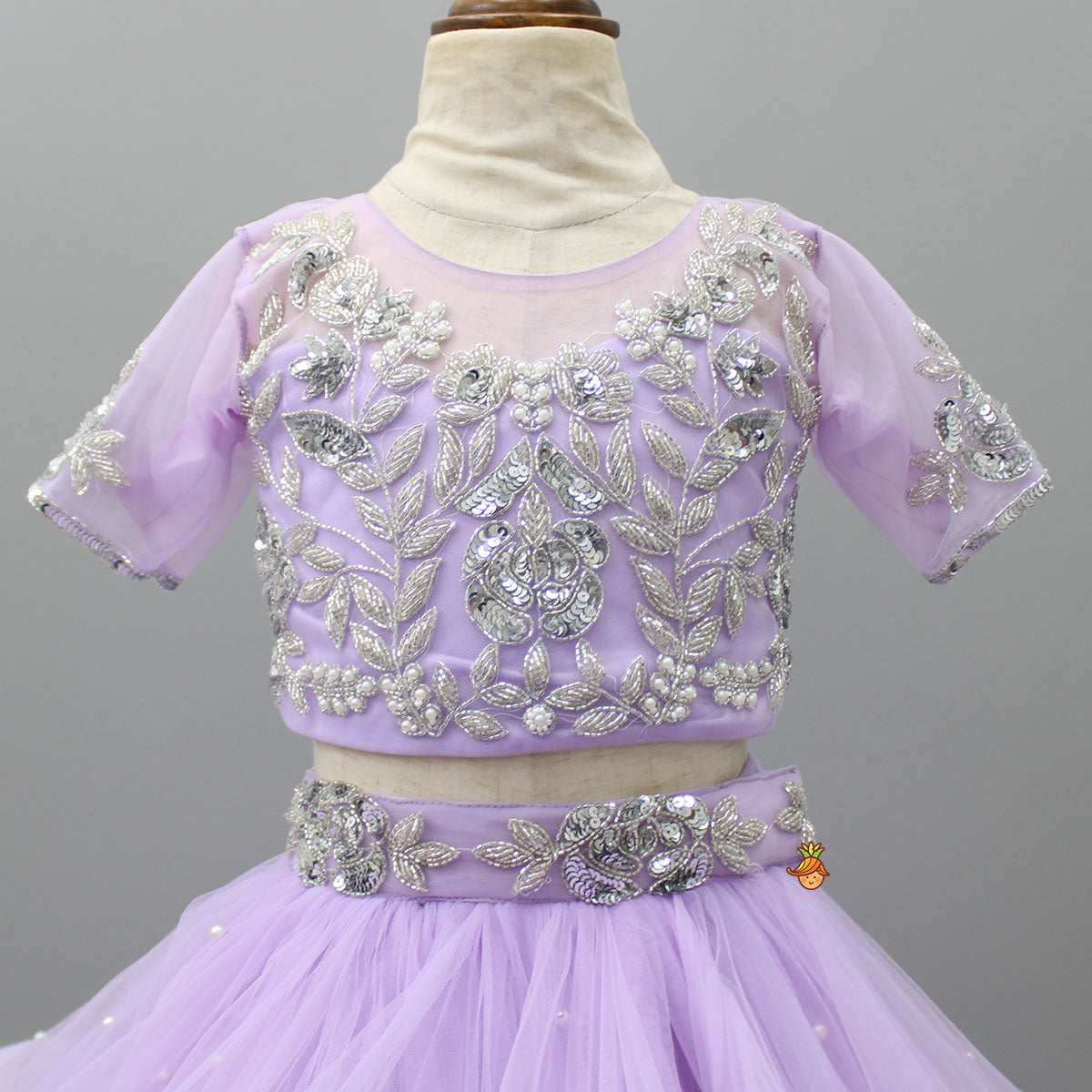 Pre Order: Lilac Embroidered Crop Top And Net Layered Lehenga