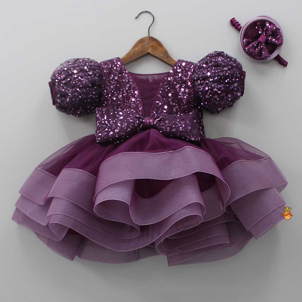 Pre Order: Layered Wine Dress And Detachable Bow With Swirled Headband