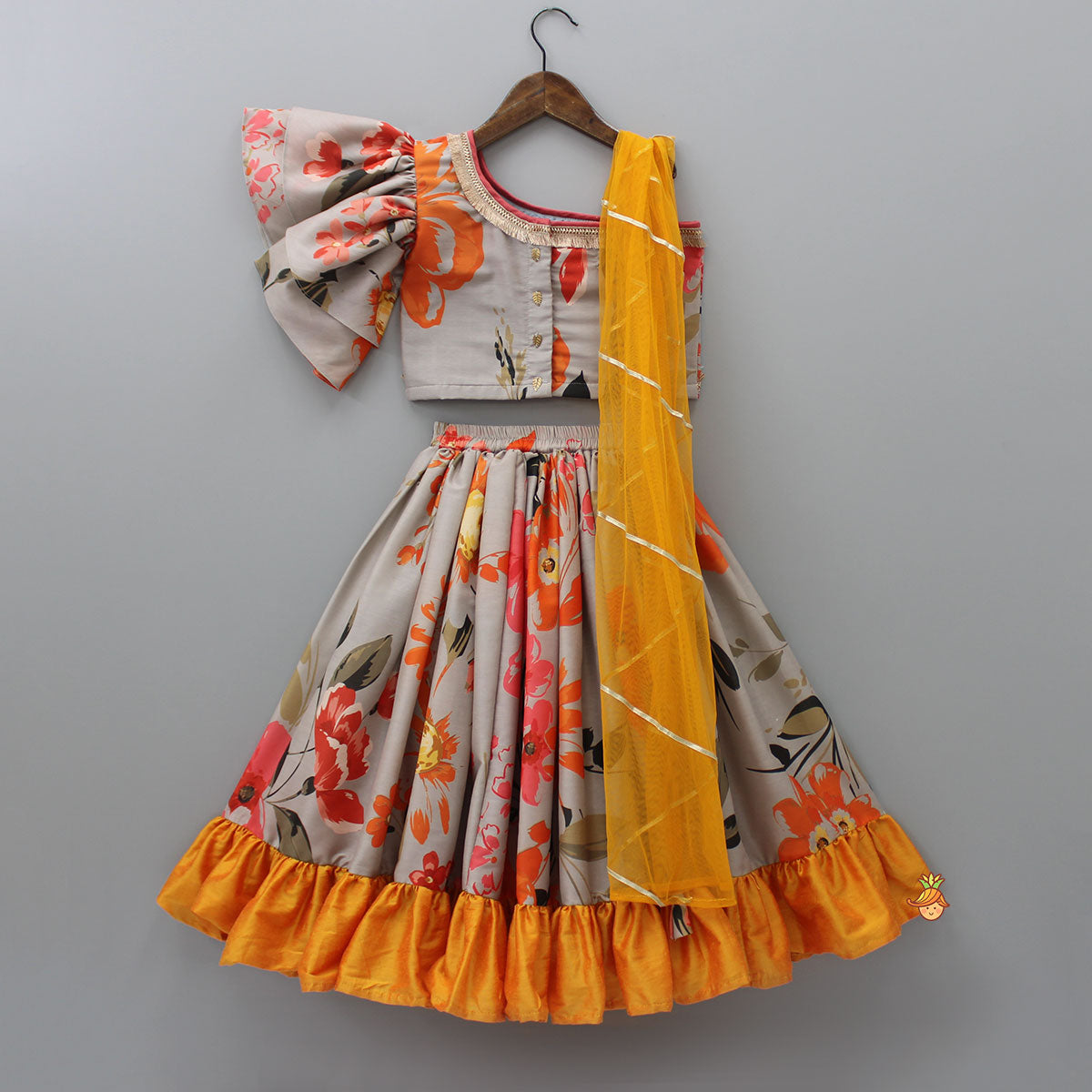 Pre Order: Multicolour Floral Printed One Shoulder Top And Lehenga With Attached Dupatta