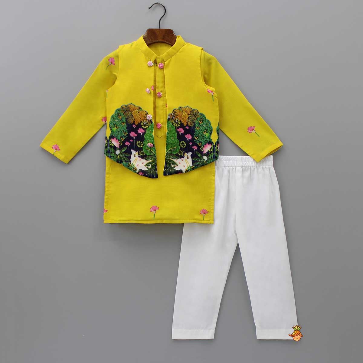 Pre Order: Yellow Printed Kurta With Open Jacket And Pyjama