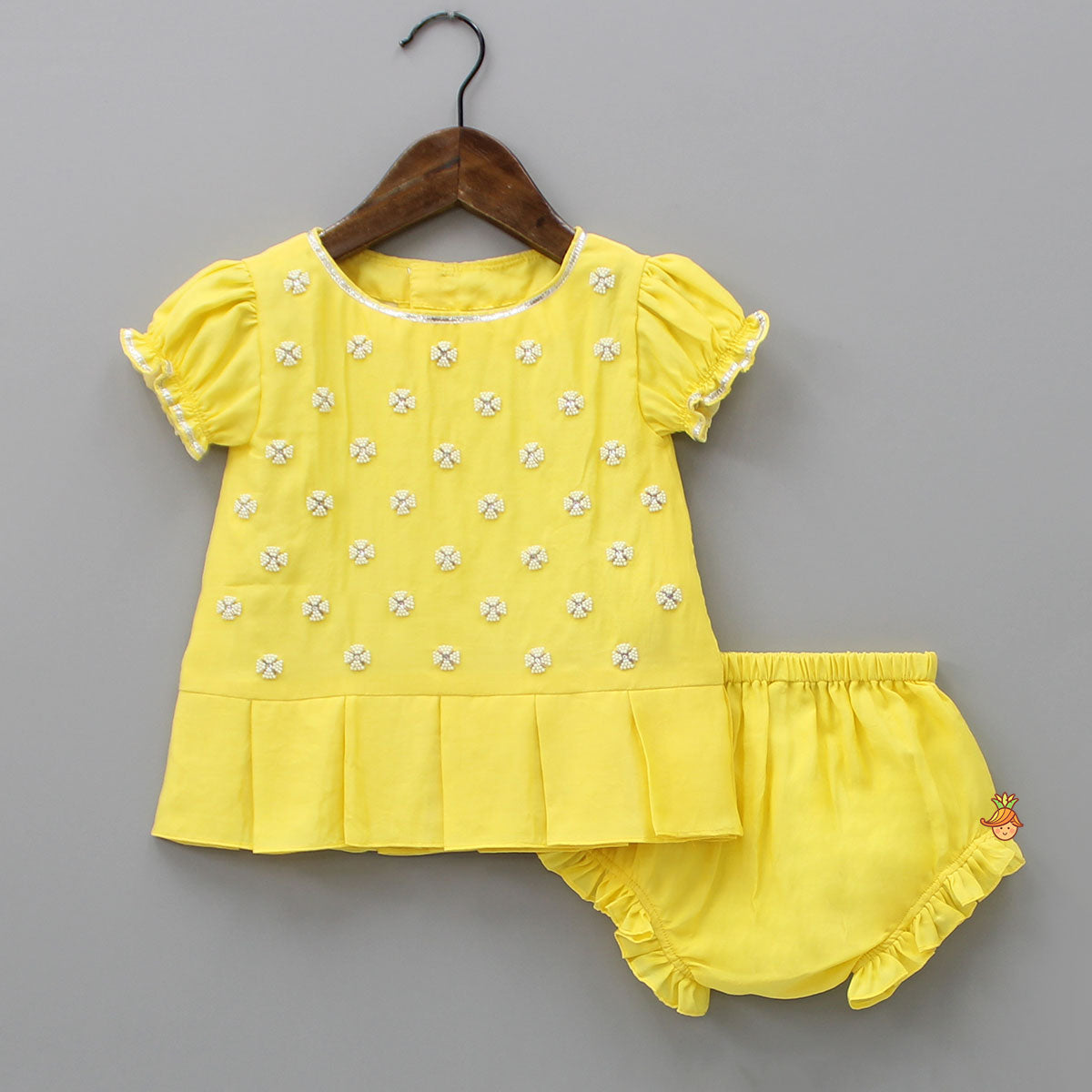 Pre Order: Yellow Top Embroidered With Pearls And Bloomer
