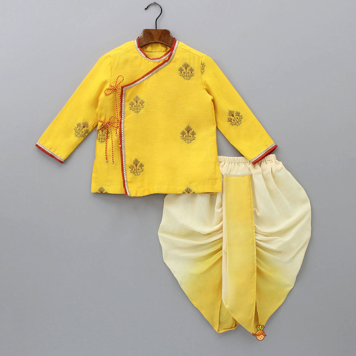 Pre Order: Gota Lace Detail Angarkha Style Mustard Kurta And Dhoti