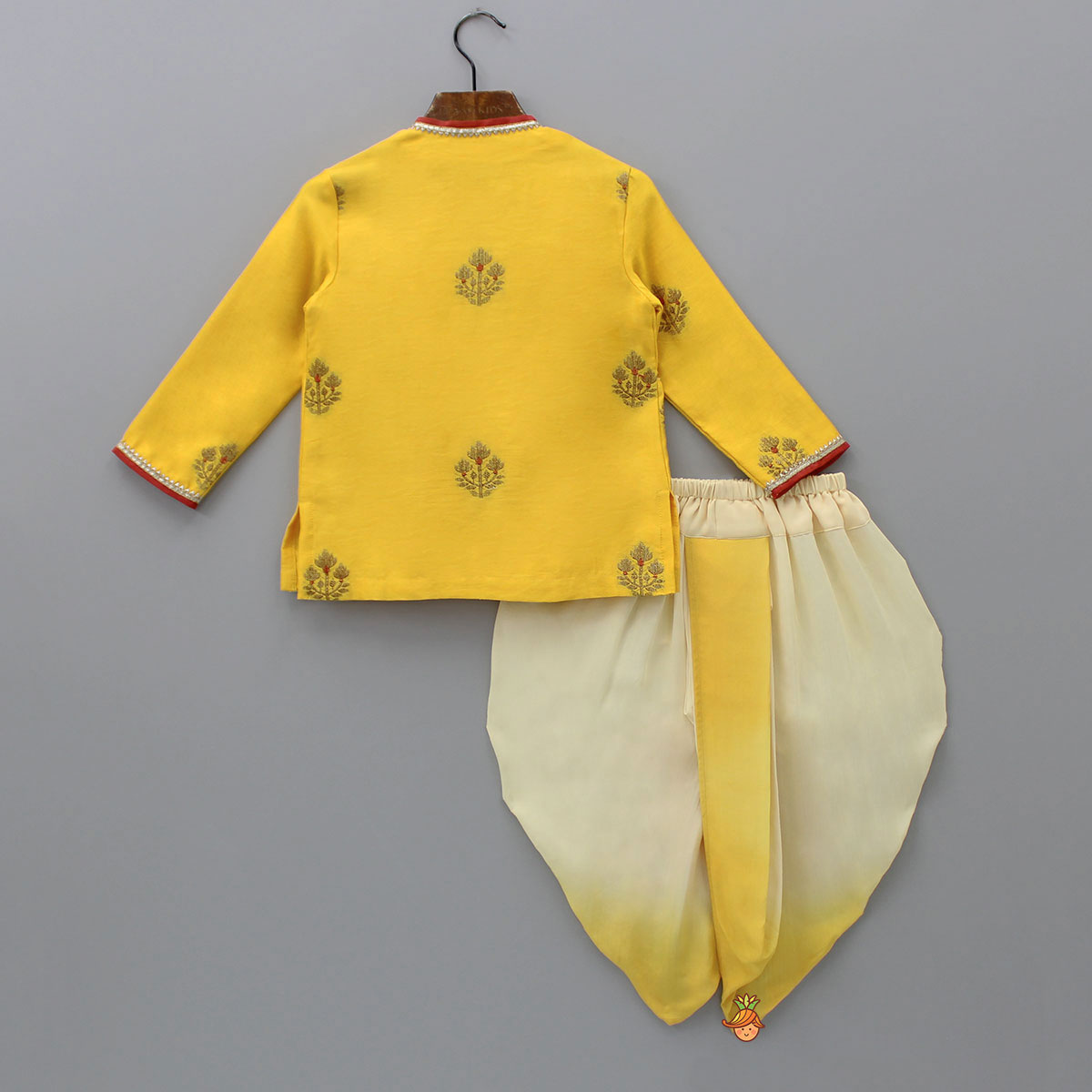 Pre Order: Gota Lace Detail Angarkha Style Mustard Kurta And Dhoti