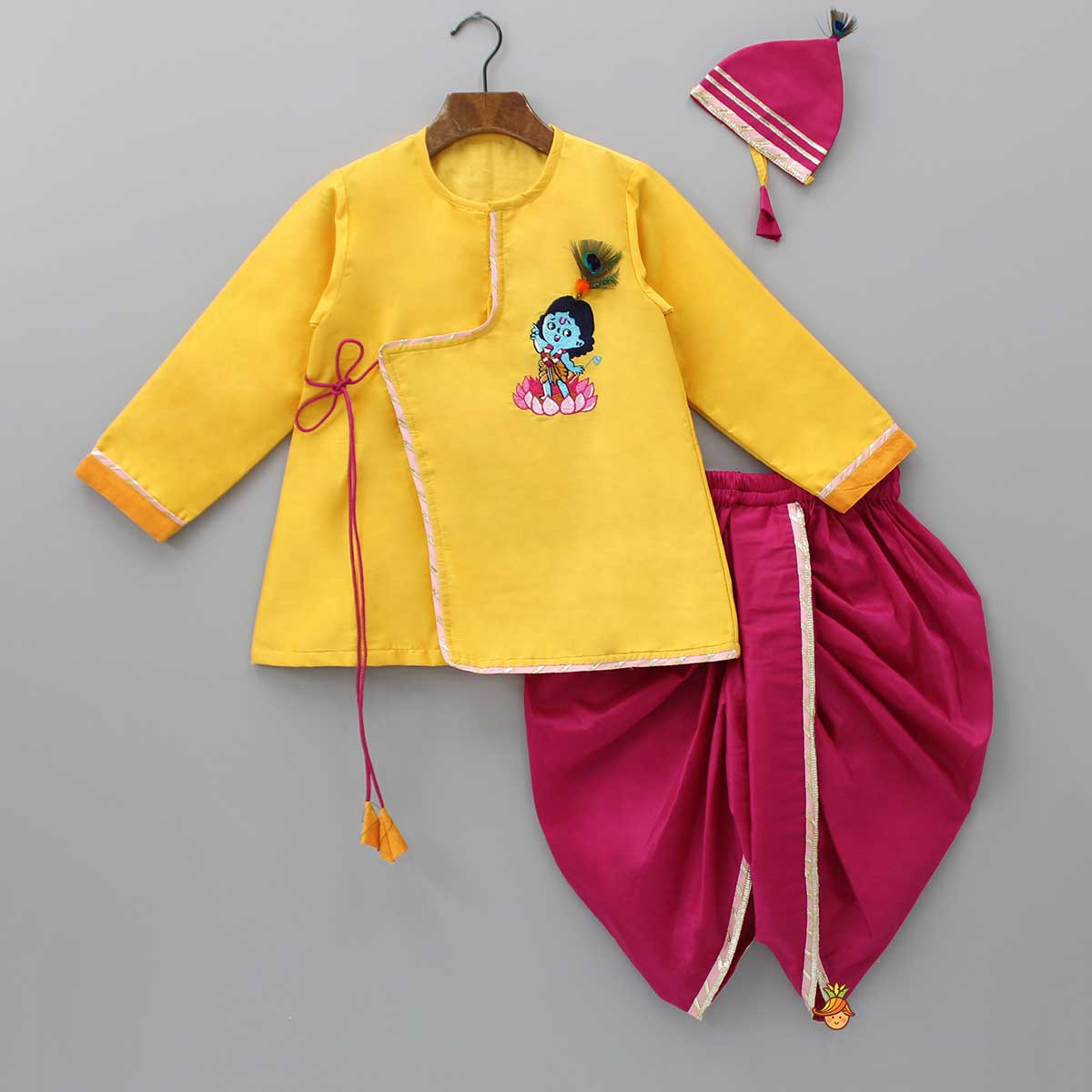 Pre Order: Embroidered Krishna Angarkha Style Kurta With Lace Work Dhoti And Mukut