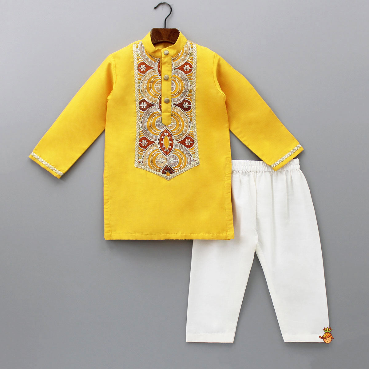 Pre Order: Embroidered Mustard Kurta And Off White Pyjama