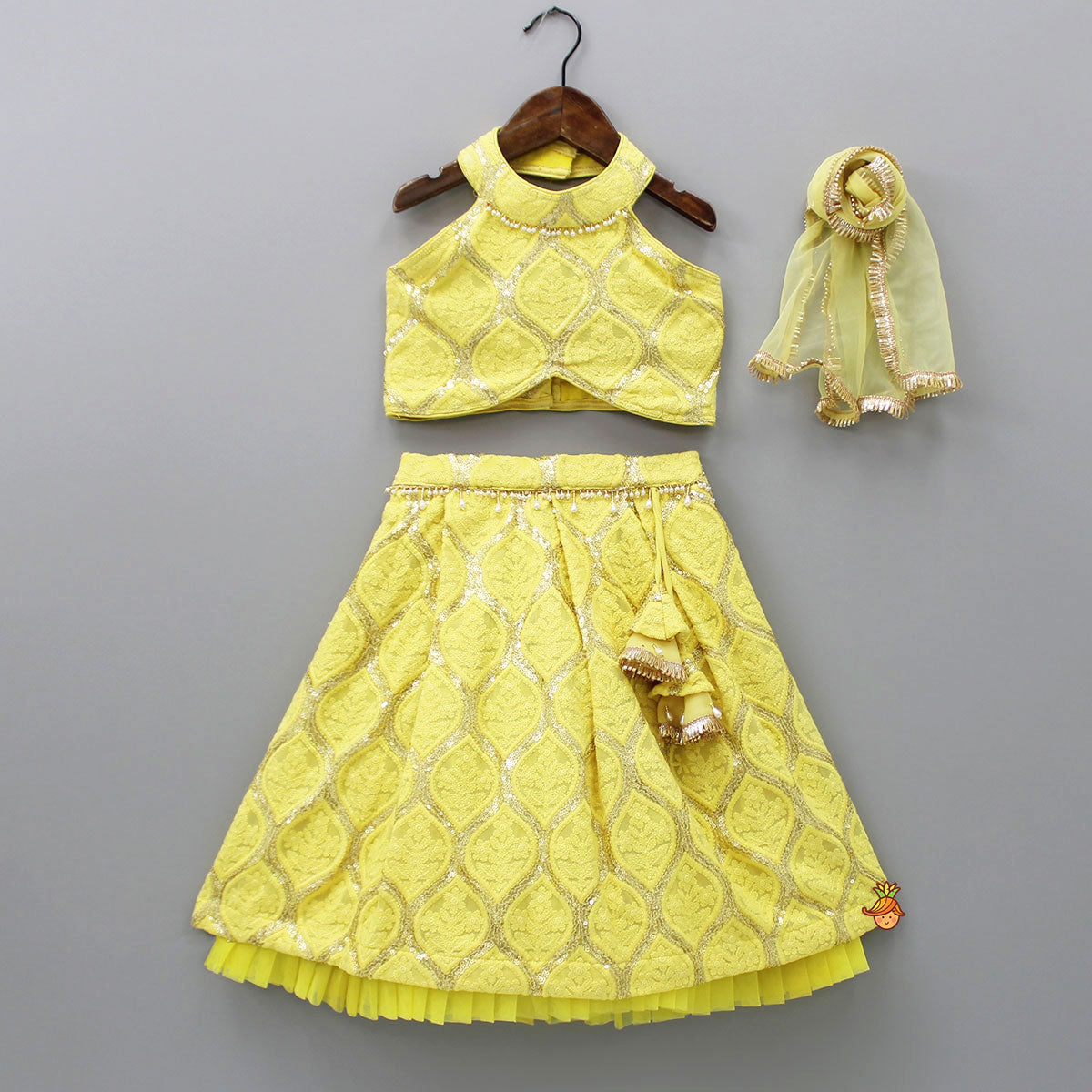 Pre Order: Yellow Chikankari Embroidered Halter Neck Crop Top With Lehenga And Dupatta