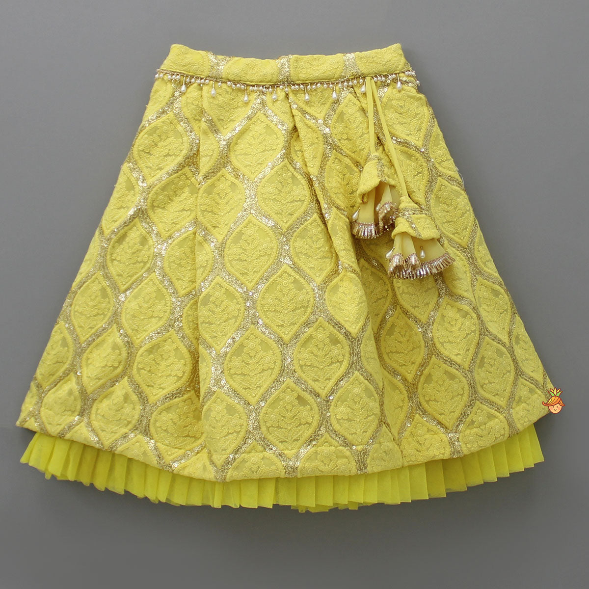 Pre Order: Yellow Chikankari Embroidered Halter Neck Crop Top With Lehenga And Dupatta
