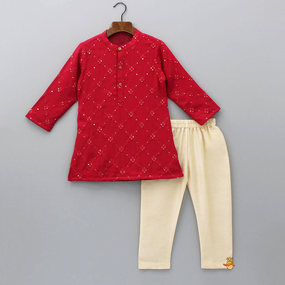 Embroidered Red Kurta And Beige Pyjama