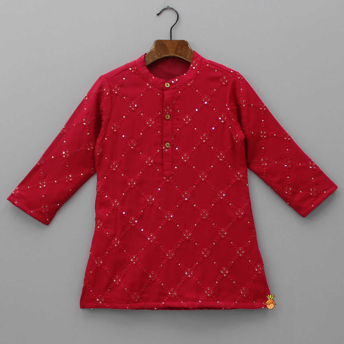 Embroidered Red Kurta And Beige Pyjama