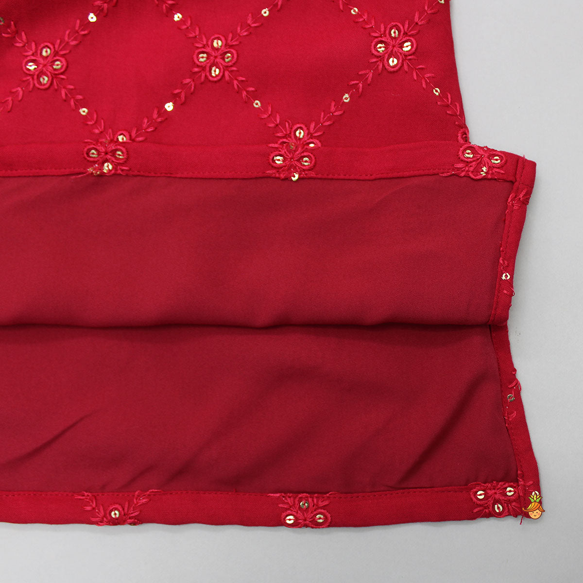 Embroidered Red Kurta And Beige Pyjama