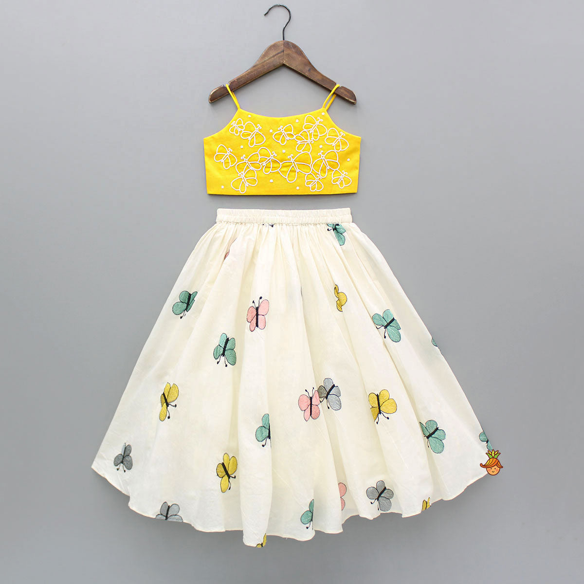 Pre Order: Butterfly Embroidered Strappy Yellow Top And Flared Lehenga