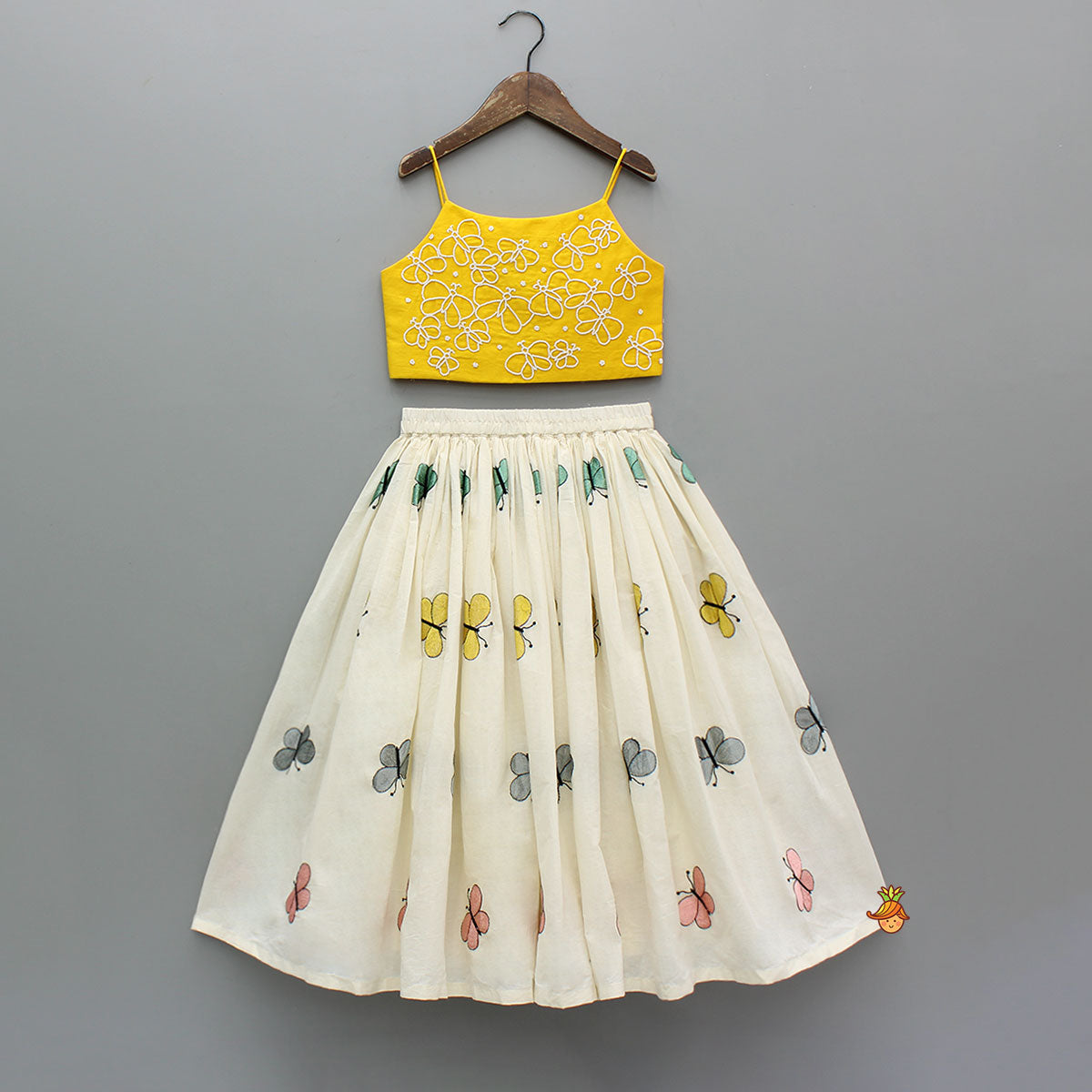 Pre Order: Butterfly Embroidered Strappy Yellow Top And Flared Lehenga
