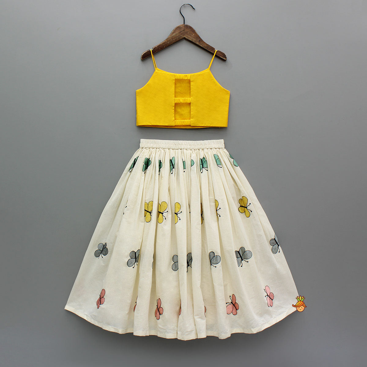 Pre Order: Butterfly Embroidered Strappy Yellow Top And Flared Lehenga