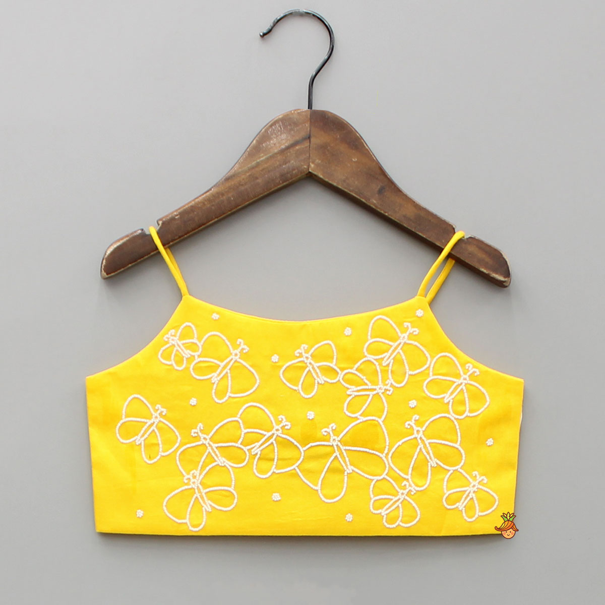 Pre Order: Butterfly Embroidered Strappy Yellow Top And Flared Lehenga