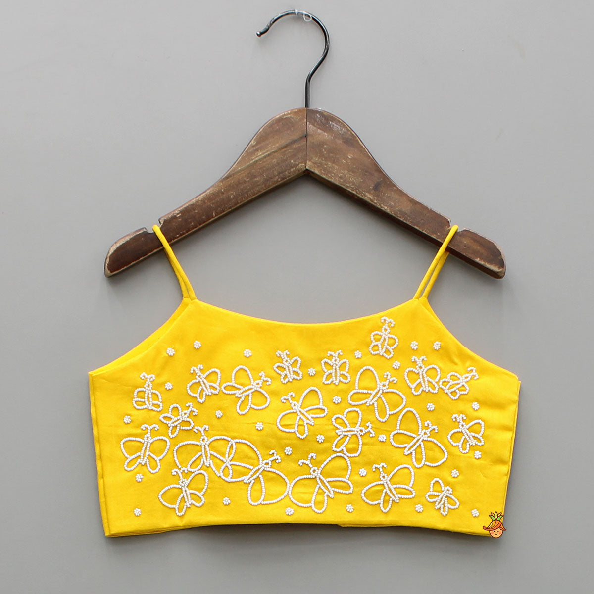 Pre Order: Butterfly Embroidered Strappy Yellow Top And Flared Lehenga
