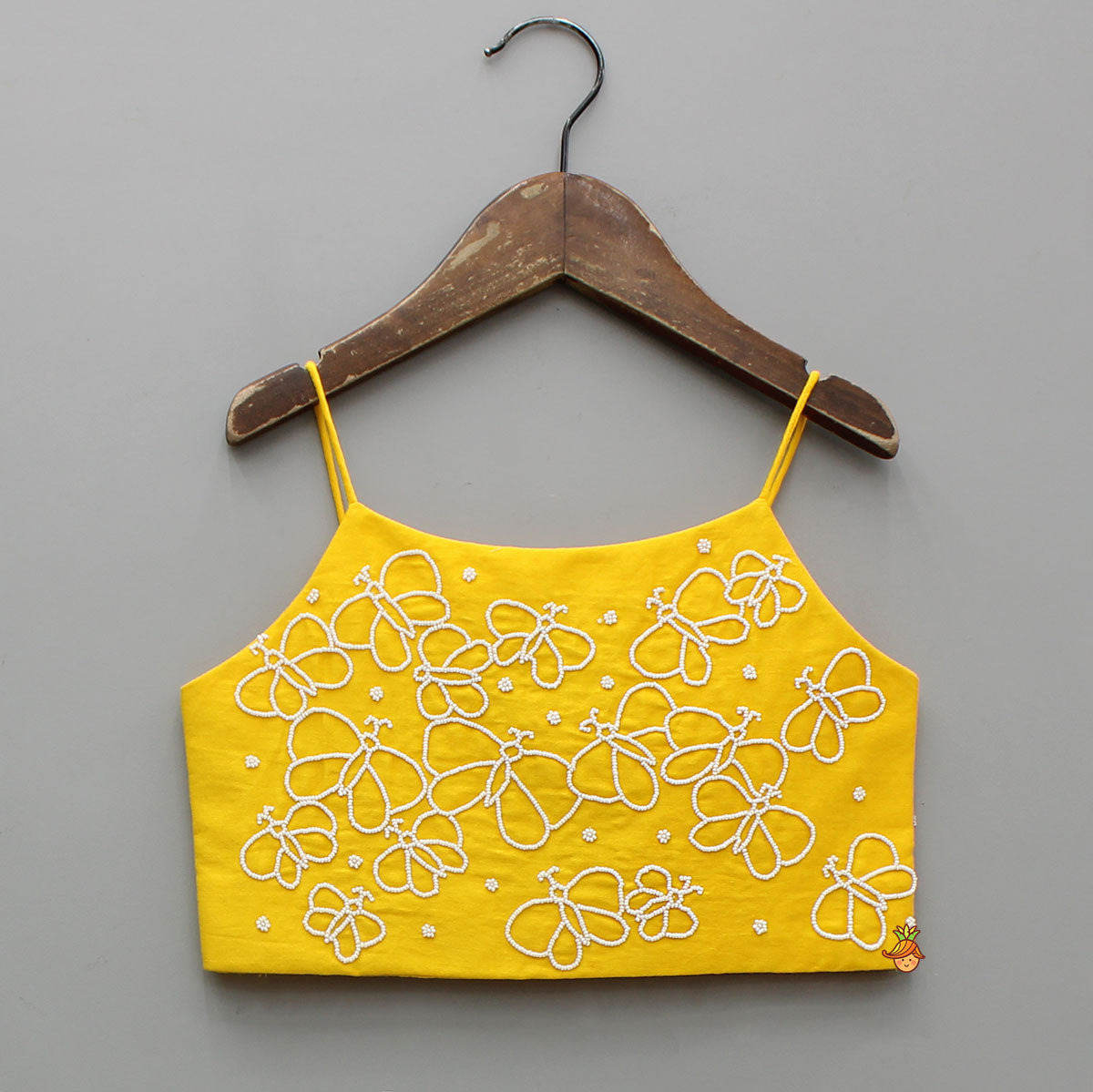 Pre Order: Butterfly Embroidered Strappy Yellow Top And Flared Lehenga